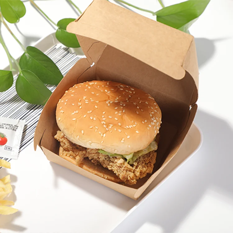 Custom Logo Compostable Kraft Food Grade Paper Hamburger Clamshell Burger Box Wholesale