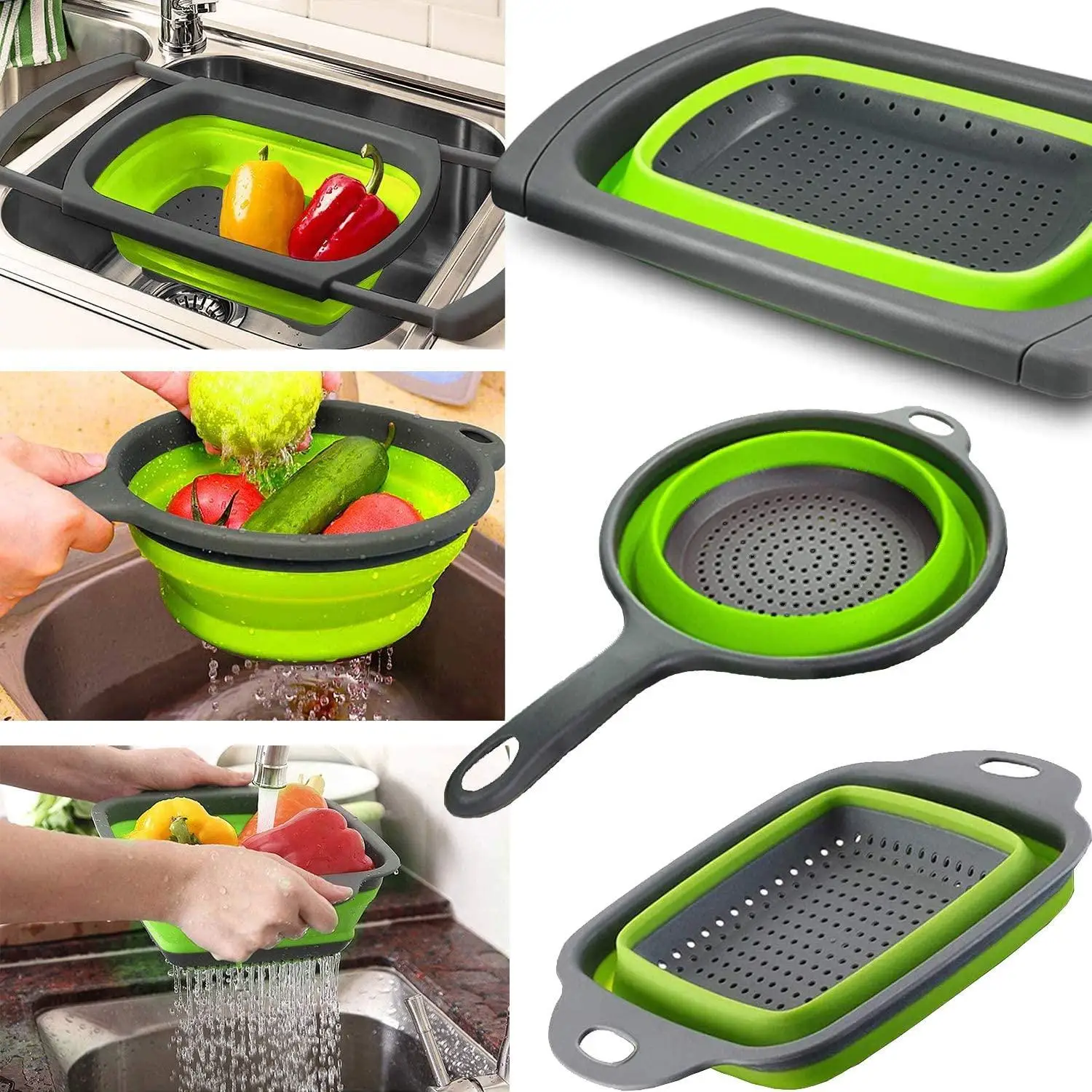 Collapsible Colander Set, Pasta Strainer Basket with Plastic Handles, Collapsible Strainers for Kitchen with  Handles