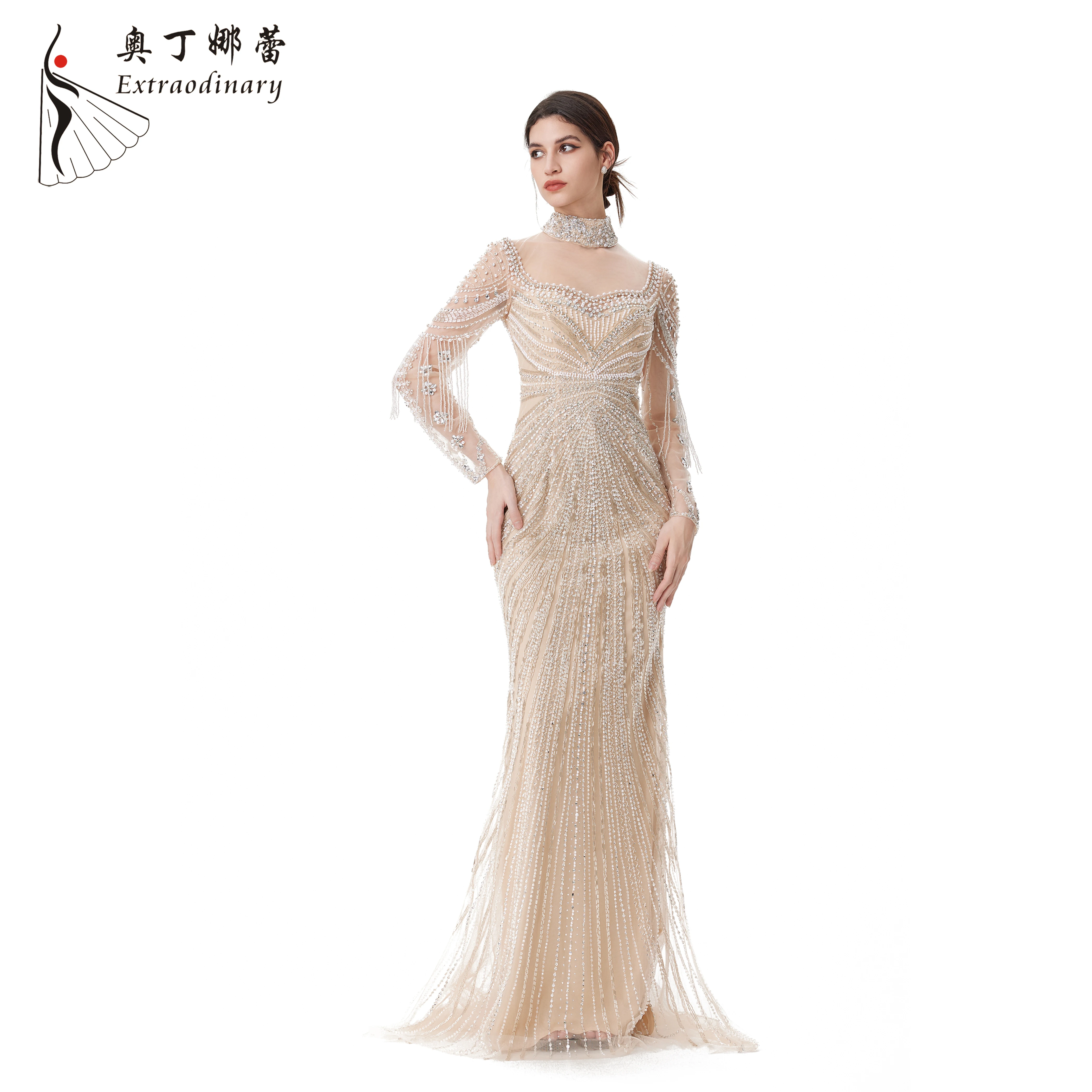 Champagne Long Sleeve Dubai Mermaid Wedding Dress Muslim Evening Dresses Luxury Tassel Beaded Party Gowns