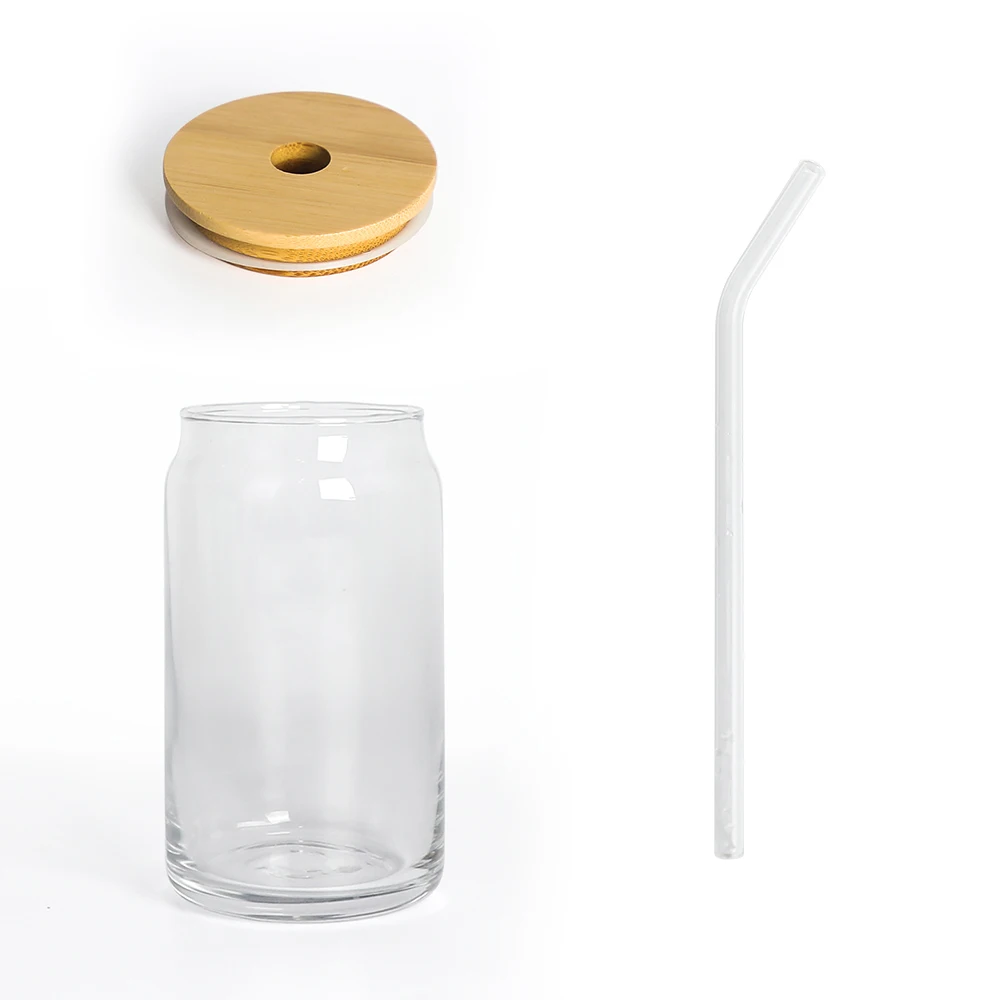 Clear water cold boba coffee drinking frosted beer can cup glass tumbler with bamboo lid and straw