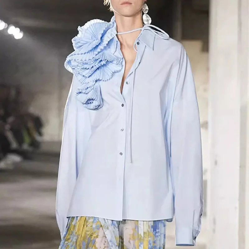 GIMILY OEM&ODM custom Women Blouses & Shirts Splicing fold Three dimensional flowers Versatile casual Shirts Long -sleeved top