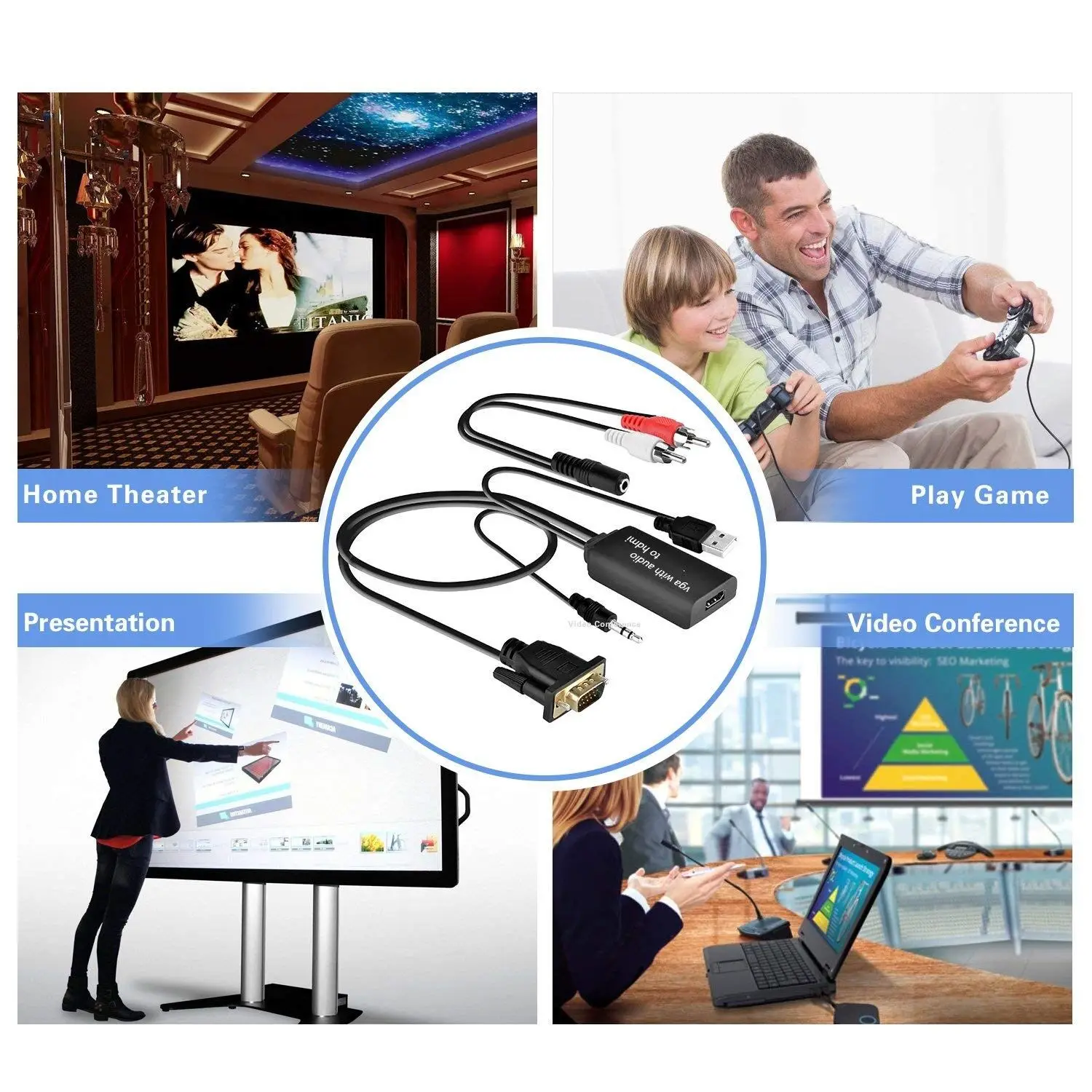 VGA to HDMI Adapter VGA2HDMI Audio Video Converter Cable with 3.5mm Audio for HDTV PC Projector