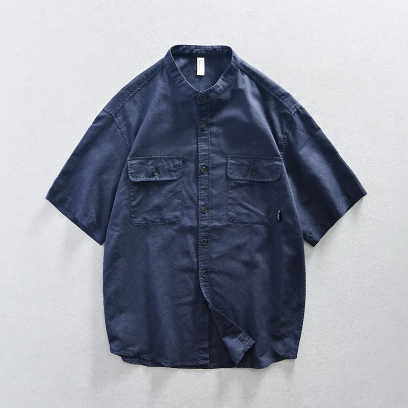 2023 Fall boys Cotton Linen Short Sleeve Shirt Standing Collar Half Sleeve Street Oversized White black Shirts for MEN