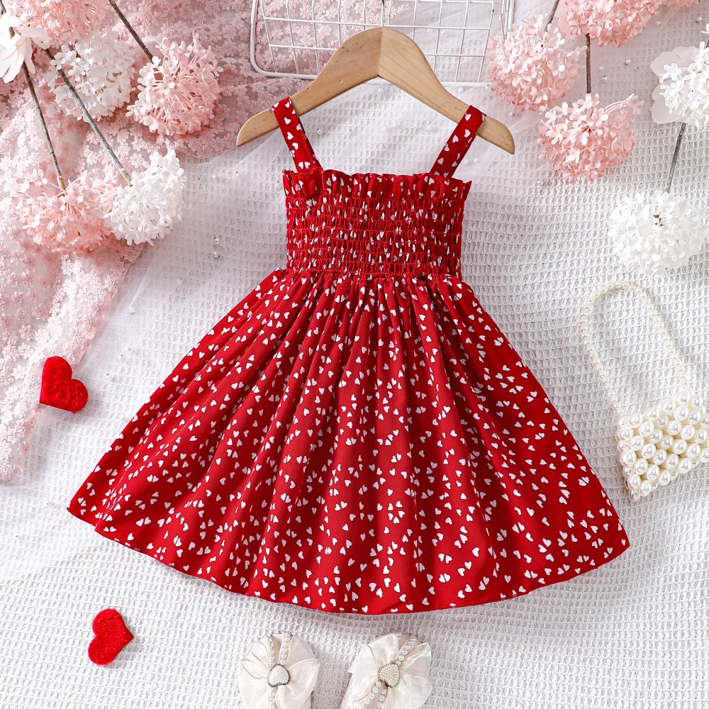 New Product Kids Summer Clothes Fashion Halter Sleeves 100% Cotton Girls Red Love Print Dresses
