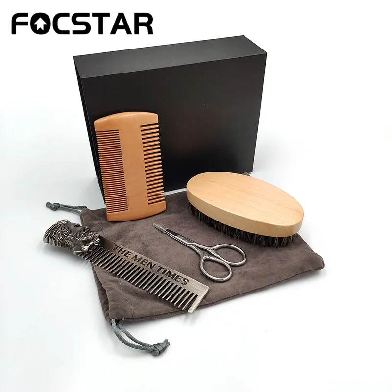Focstar ухода за бородой комплект с сумкой и Подарочная коробка 4 в 1 усы обрезки ножницы для Мужской Бороды гребень кисти