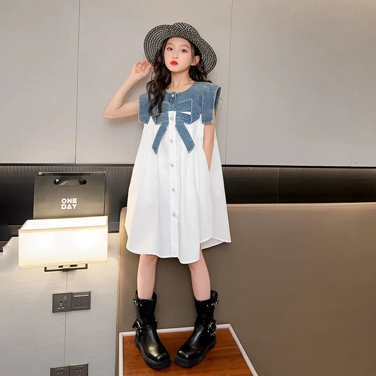 2023 New Fashion Hot Girl Denim Patchwork Sleeveless Shirt Dress White Khaki 5-15 Years