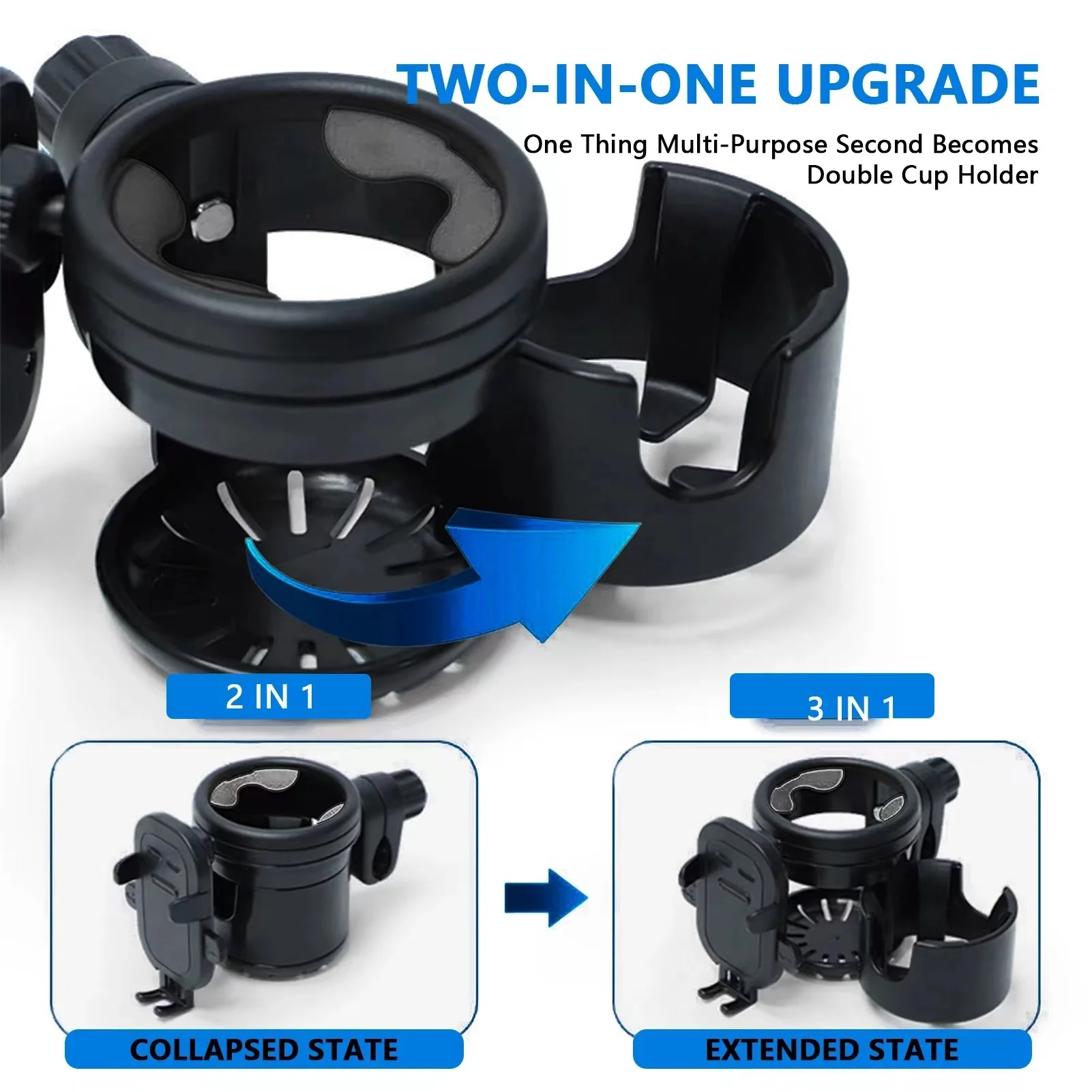 Stroller Cup Holder 3 IN 1Phone Organizer Holder Adjustable Drink Holder For Stroller Walker 360 Degrees