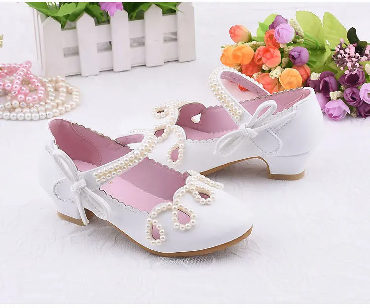  Girls high heels white leather shoes performance