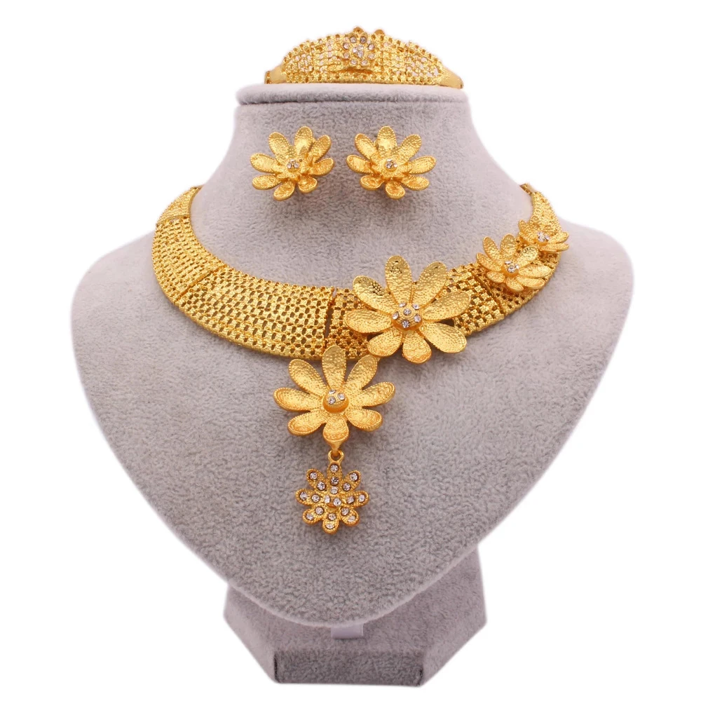 Дубай 24K позолоченные Свадебные Ювелирные наборы цветочное колье ожерелье серьги кольцо браслет 4 предмета в комплекте африканском стиле; комплект ювелирных изделий