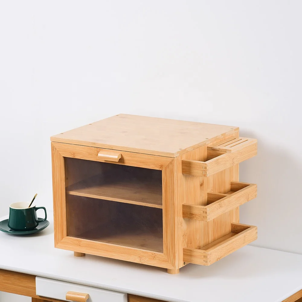 Double Layer Bamboo Bread Box Bread Storage Container Large Bread Box with Knife Storage Rack