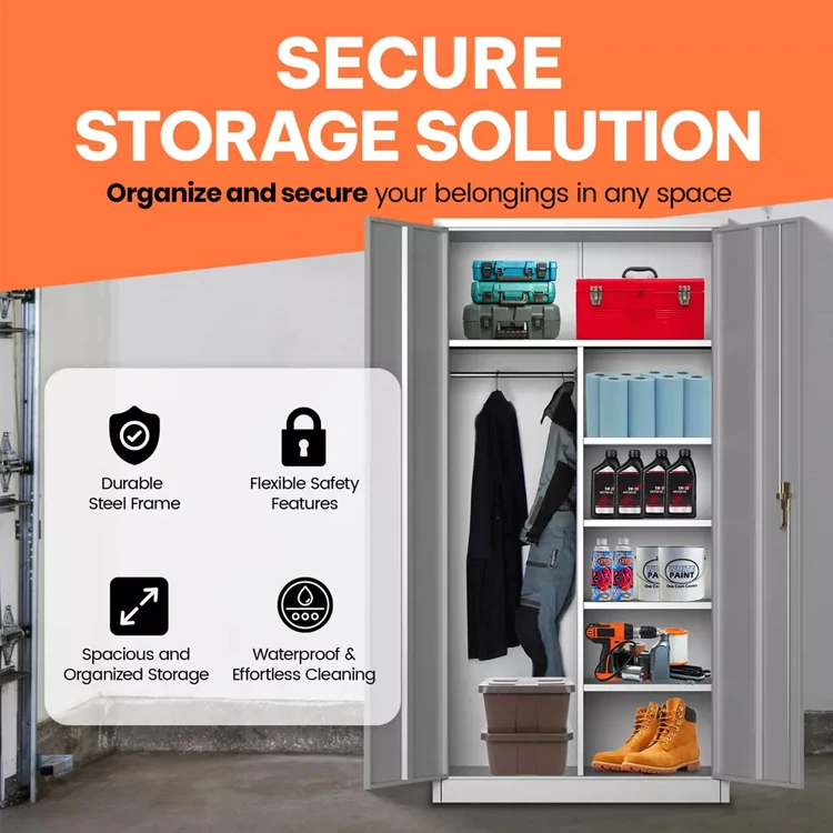 Large Metal Wardrobe Style Storage Cabinet with 3 Adjustable Shelves Cloth Rail Lockable Doors for Home Organization