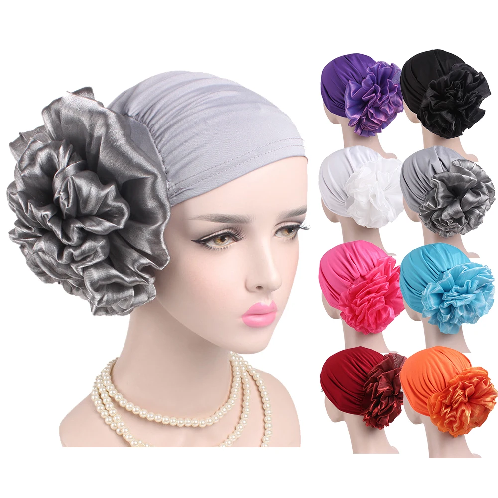 woman plain headwrap big flower bonnets turbans muslim head turban cap hijab fancy head wrap beanie sale for ladys