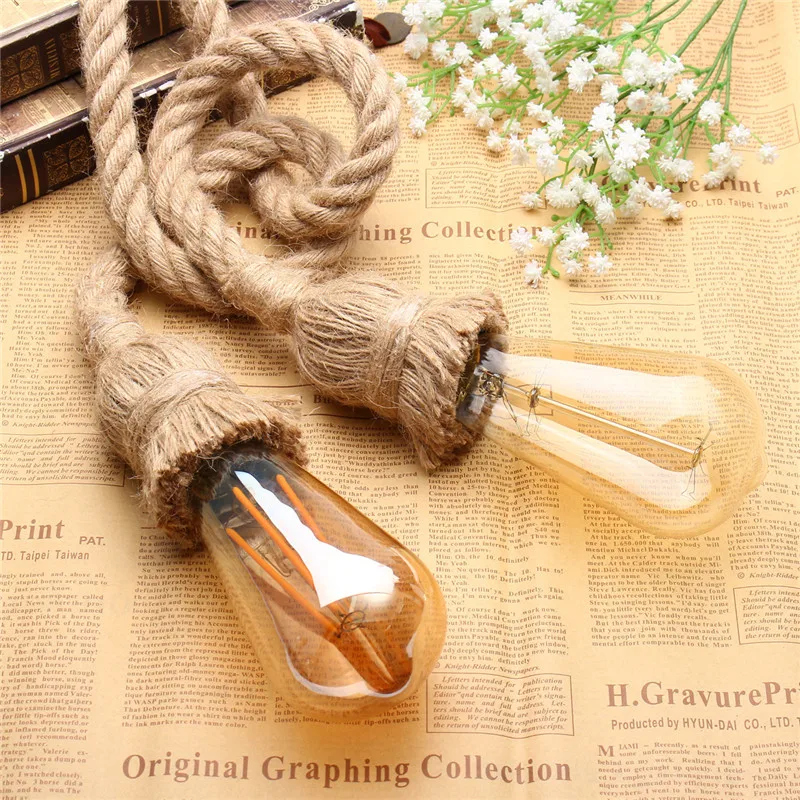0.5m E27 Hemp Rope Double Head Vintage Hanging Pendant  Light Lamp Industrial Retro Country Style Dining Hall Restaurant Bar