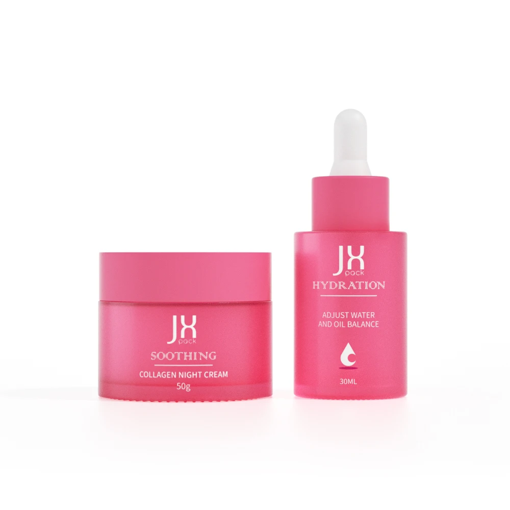 Black skincare packaging cosmetic bottle and jar round 50g glass face cream jar 30 ml hair oil serum dropper bottle