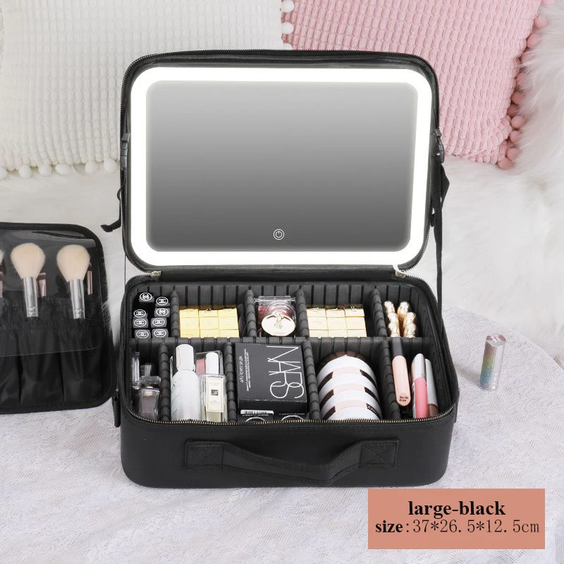 Portable professional PU storage organize cosmetic bag large capacity desktop beauty makeup tool kits Case with Led Light Mirror