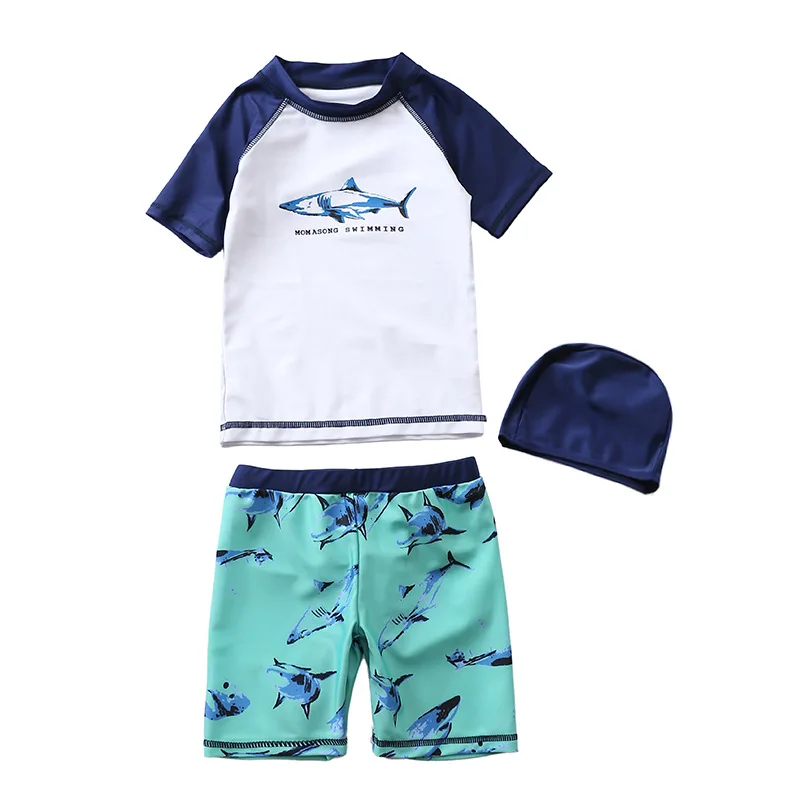 Quick Dry and UPF 50+ Beach Swimming Suit Design Print Shark Active Sporty Boy Swimwear Children 2 Pieces Swimsuit For Kids