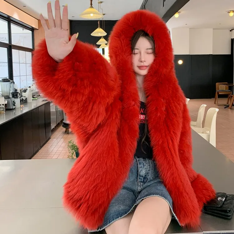 Fashion Fur Coat Women Double Woven Fox Fur Coat Red Color Coat With Hoodie Winter Long Sleeve Outwear