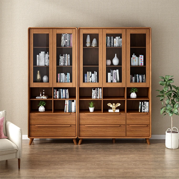 Bookcase wooden door bookcase combine cabinet 5-tier book shelf with drawers modern library solid wood storage book shelves