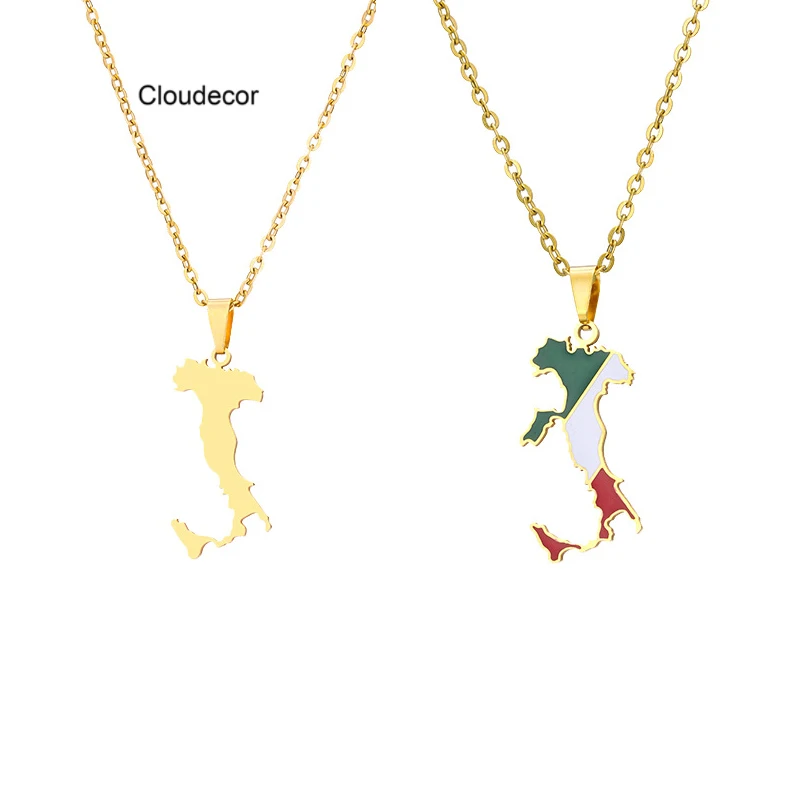 New Stainless Steel Italian Map Pendant Necklace Ethnic Style Wholesale Jewelry Accessories Enamel Map Necklace