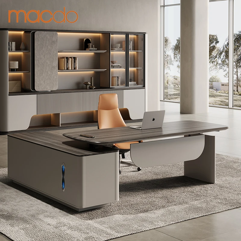 Modern Height Adjustable Computer Standing Desk L-Shape Wooden Manager Executive Office Desk With Drawer