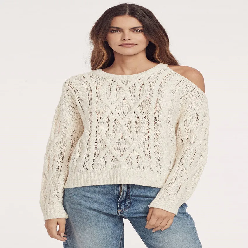 2023 High Quality Shoulder Cut Out Ribbed Trim Mongolia Women Wool Sweater 100% Cashmere Sweaters