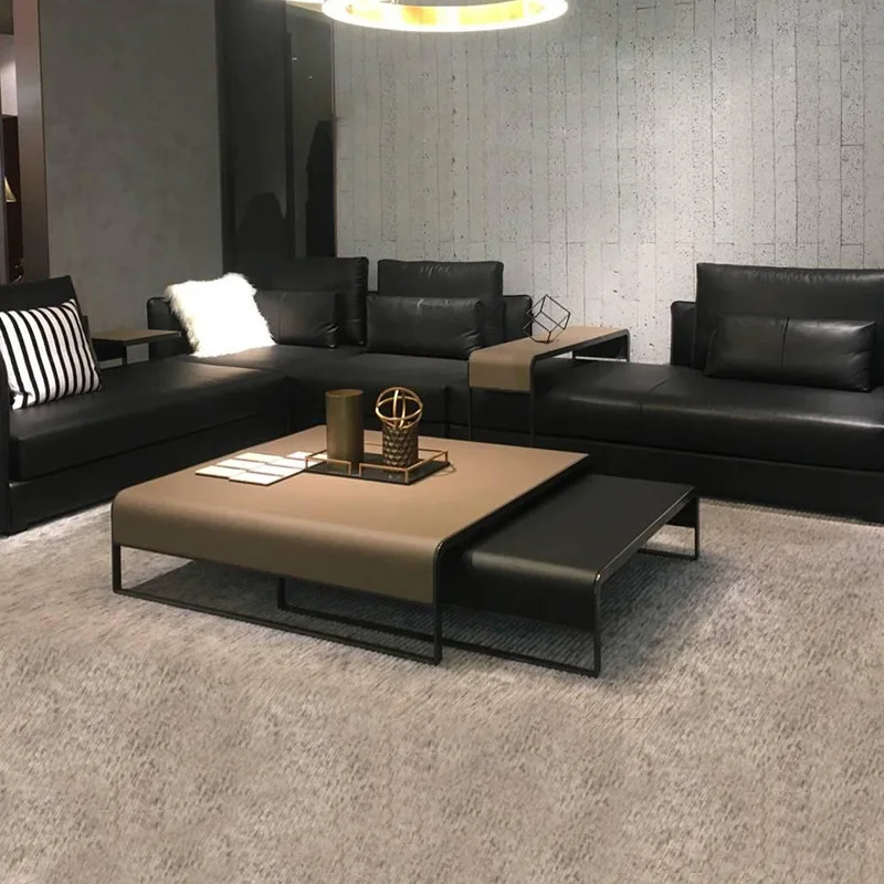 Furniture Wholesale Italian Luxury Style Iron Coffee Table Set Leather Table Top  Living Room Coffee Table  Can Extend