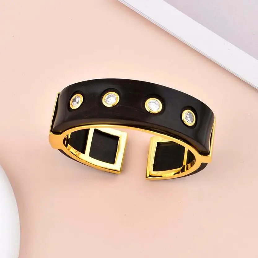 ChinChin Bangles Jewelry Women 18k Gold Plated Copper Brass Black Ebony Wood With CZ Zircon Adjustable Cuff Bangle Jewelry