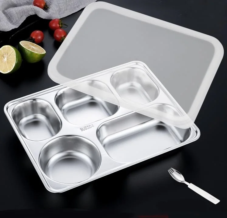 Hot sale serving dinner set metal stainless steel compartment plates 5 compartment food tray with PP lid