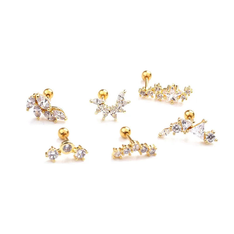 Right Grand Cubic Zirconia Cartilage Stud Helix Rook Earrings Gold Plated 18K Cartilage Piercings Stainless Steel