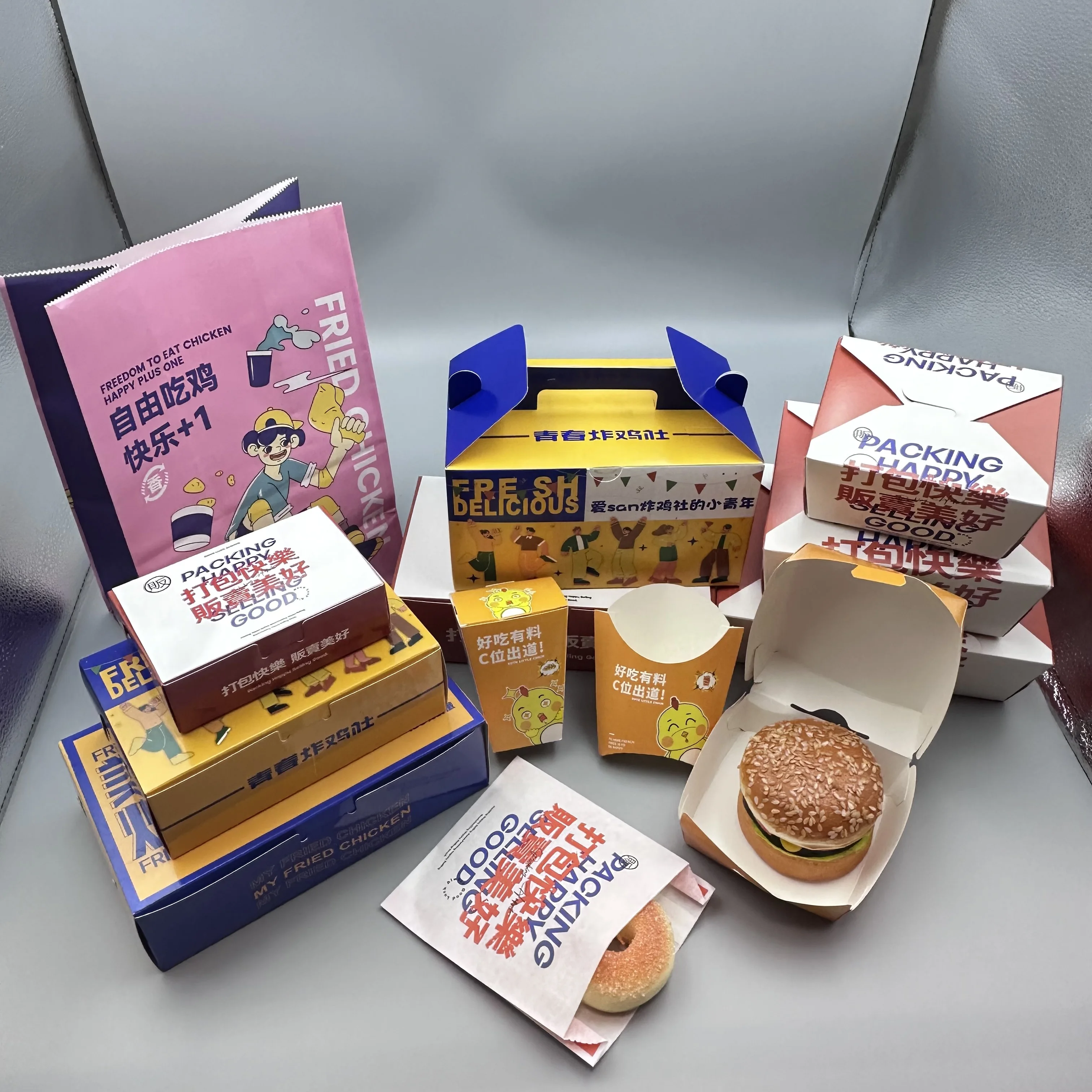 High Quality Custom Brand Design Fast Hamburger Takeaway Food Packaging Pillow Shawarma Clamshell Paper Burger Box