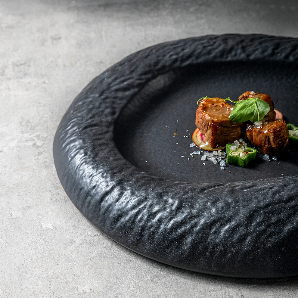 Buffets Dinning round design hand ceramic plates sets Embossed Stone Grain dinnerware tableware Ceramic Plates For Restaurant