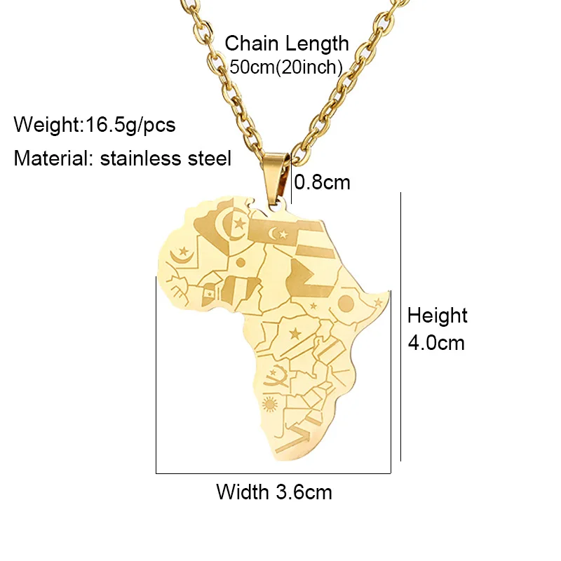 Hip Hop 18K Gold Plated Stainless Steel Jewelry Africa Countries Map Engrave Flag Pendant Choker Necklaces Women Men