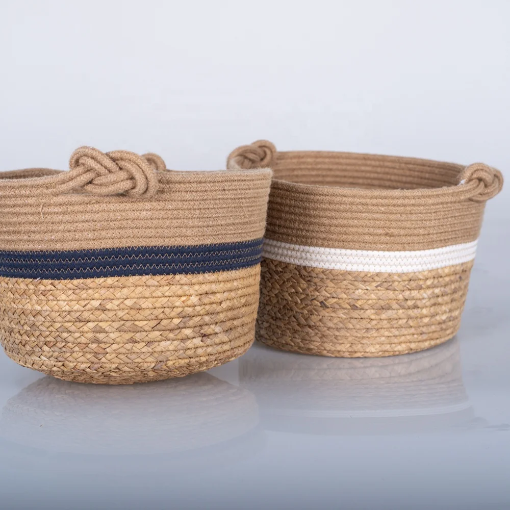 Manufacturers customized oversize high quality cotton rope Woven basket of water hyacinth grass with Chinese knot handle
