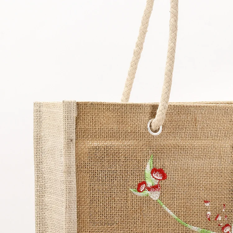 YIMYIK Natural Burlap Handbag Embroidered Printed Jute Bag with Reusable Jute Bag Laminated Handle
