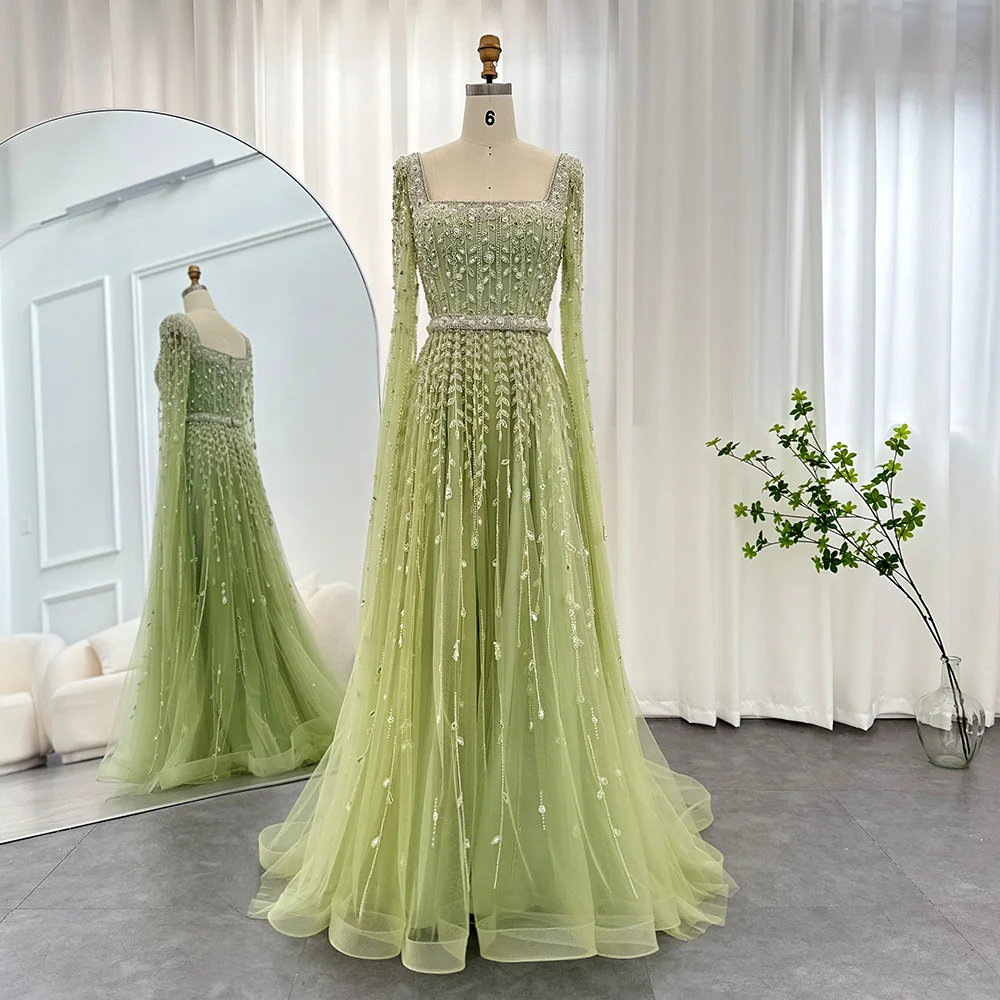 Best Luxury Dubai Evening Dresses For Women Wedding Square Neck Sleeves Arabic Muslim Formal Party Gowns
