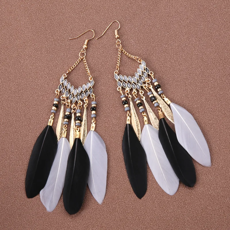 Ethnic Jewelry Colorful Enamel Seed Bead Dangle Earrings Long Tassel Feather Earrings for Women