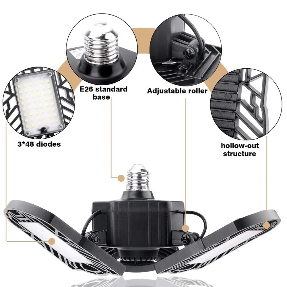 
60W 6000K E26E27 Deformable LED Garage Gas Station Canopy Motion Activated Light with 3 Adjustable Panels 