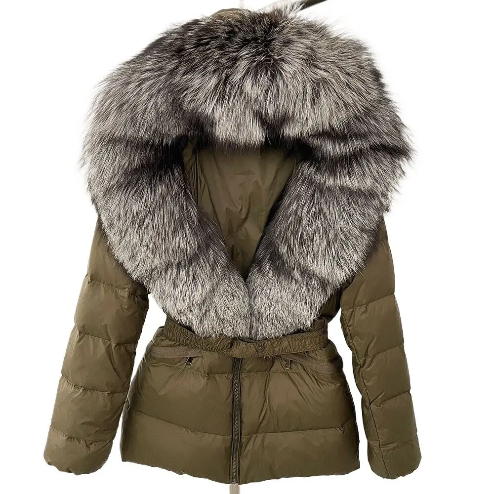 OFTBUY 2024 Winter Jacket Women Real Raccoon Fox Fur Collar Hooded White Duck Down Coat Belt Thick Warm Casual Outerwear