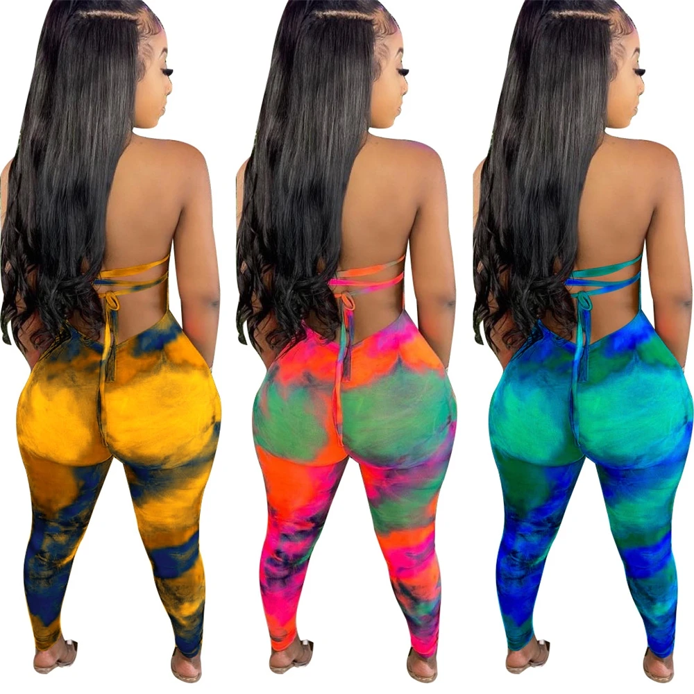 MD-2022051602    sexy bandage fashion sleeveless halter backless tie dye printed womans 2 piece set