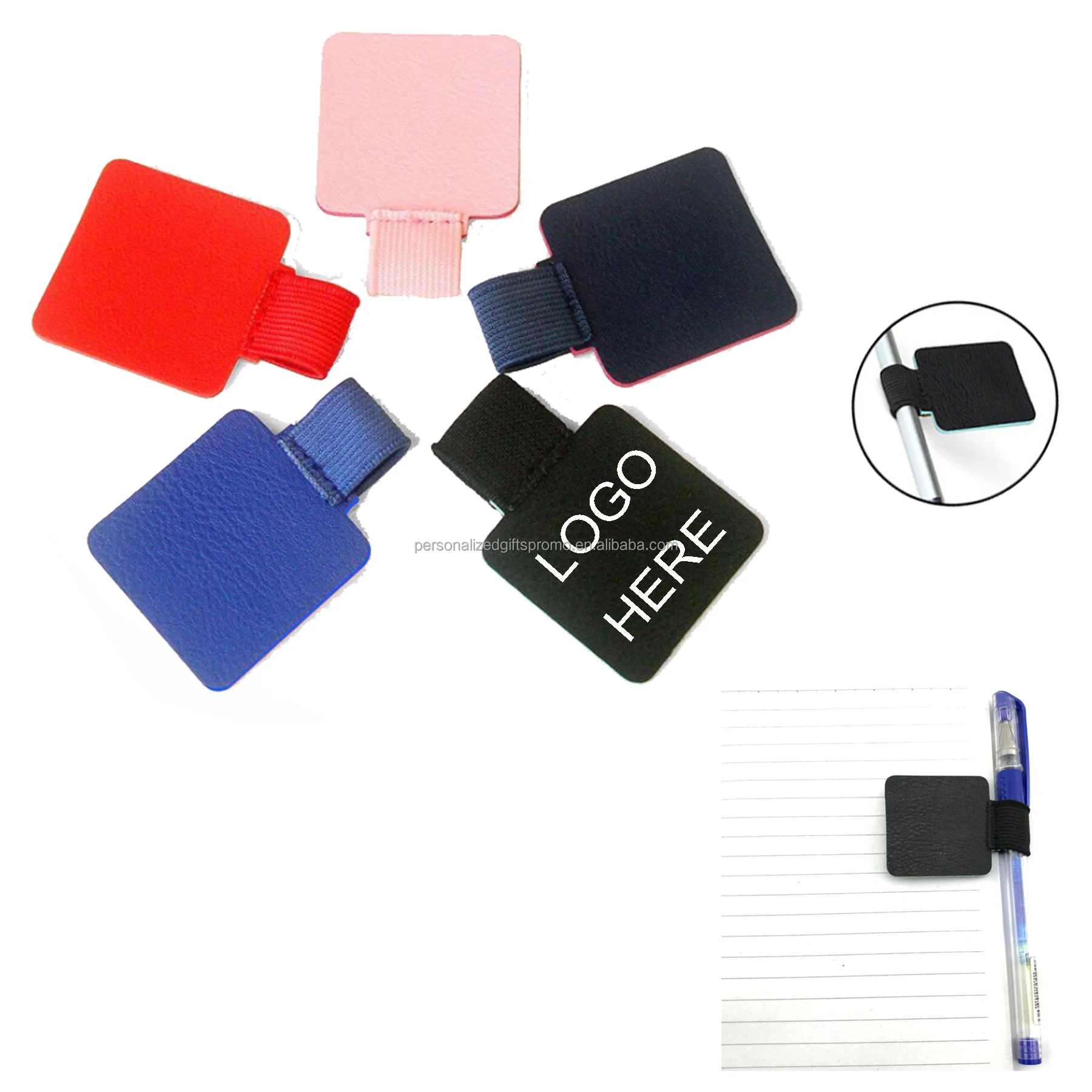 Polyurethane leather and features an adhesive glue on the back Adhesive Pen Leather Holder Elastic Pencil Loops