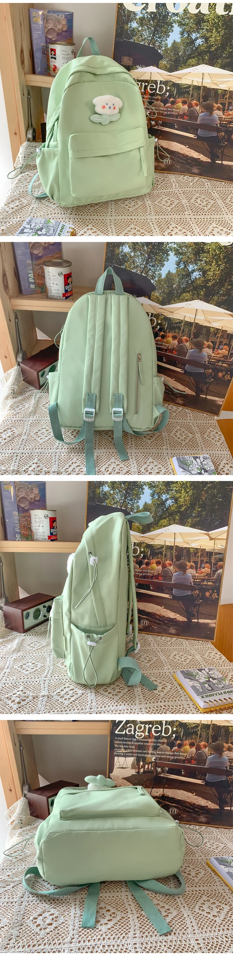Customizable Green Nylon Waterproof School Backpack for Women Girls Summer Bag with Cute Decoration and Logo