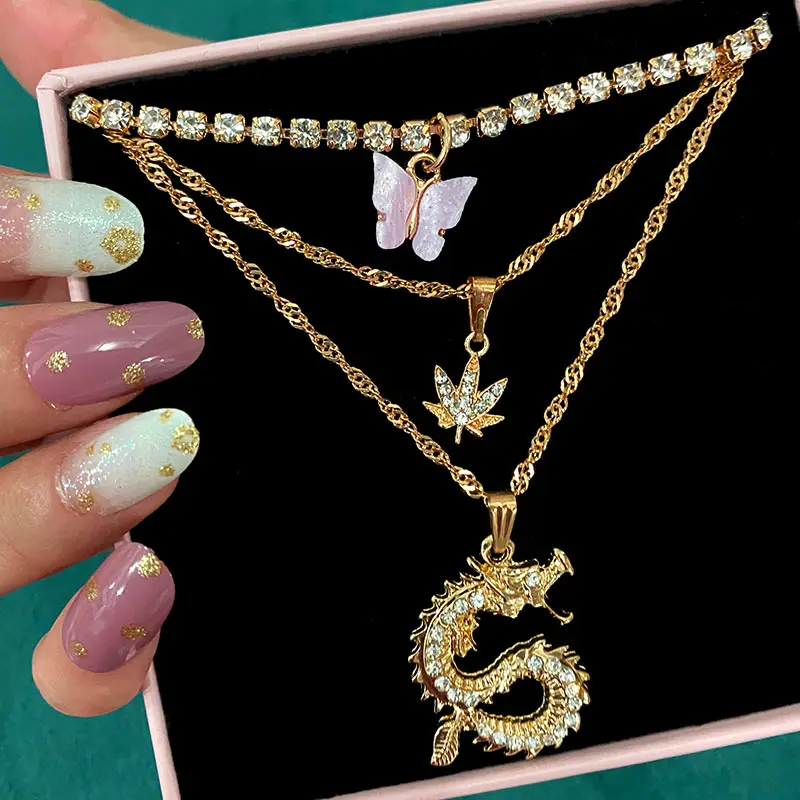 2020 New Fashion Punk Jewelry Pink Glitter Choker Chic Multilayer Crystal Butterfly Dragon Pendant Necklace