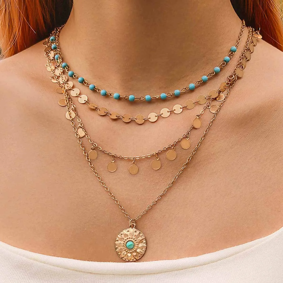 Simple Geometric Circular Fringe Vintage Bohemian Turquoise Beaded Multi Layer Necklace