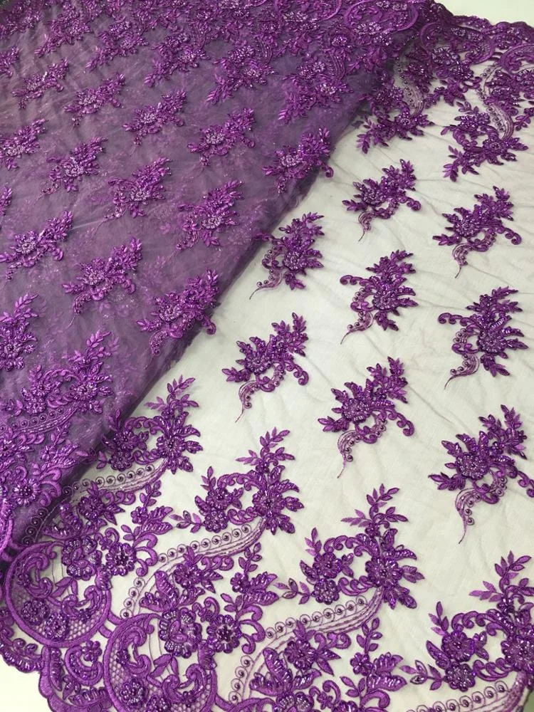 high quality purple beaded lace fabric heavy hand embroidered beaded tulle lace evening dress fabric wholesale, shaoxing fabric
