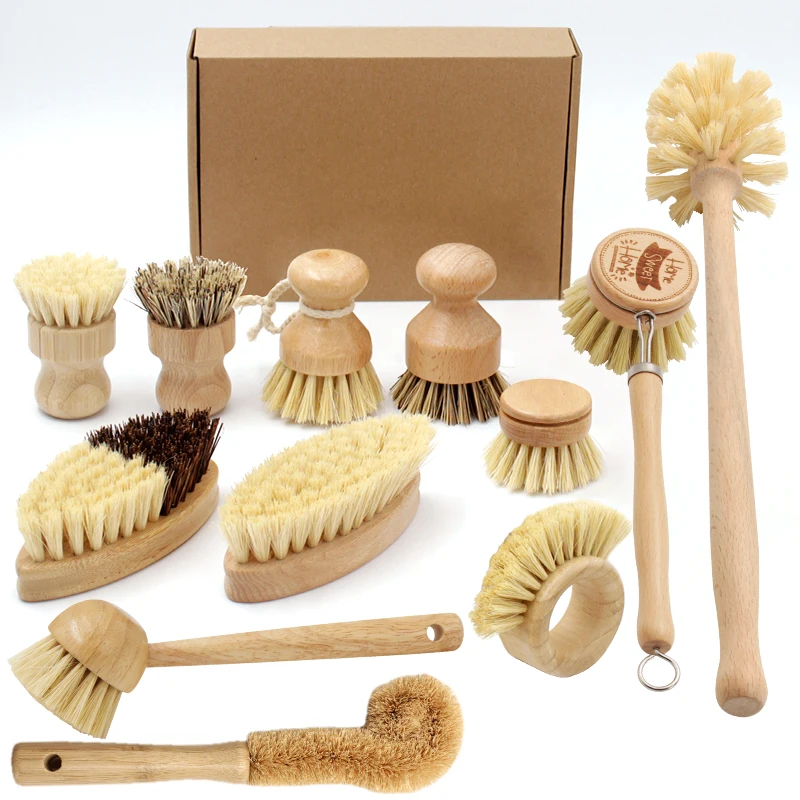 Natural Kitchen Dish Pot washing brush Beech wood and Bamboo Round Sisal Bristle Pot Brush Dish cleaning Brush