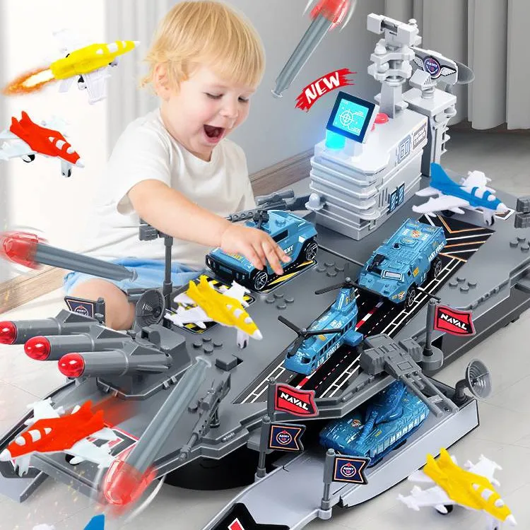 Multifunctional Storage Aircraft Carrier Diecast Vehicle Sets DIY Assembly Deformation Garage Alloy Car Parking Lot Toy For Kids
