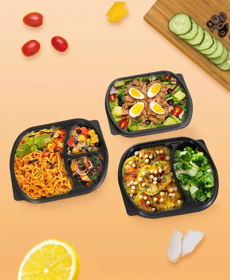 Disposable 3 Compartment Take Away Lunch Bento Tray Food Storage Container With Lid