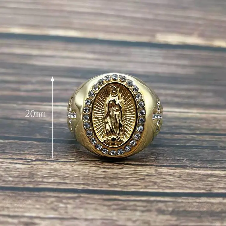Duyizhao hip hop trend mens rings stainless steel jewelry diamond cross Virgin Mary gold plated titanium custom ring new fashion