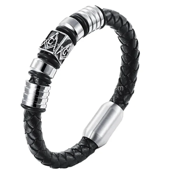 Masonic Style Braided Leather Bracelet Stainless Steel Masonic Charm Bracelet With Magnetic Clasp Masonic Bracelet
