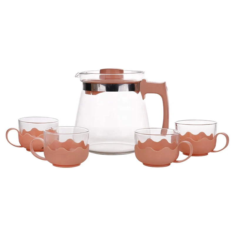 PP plastic handle High borosilicate glass tea pot set with infuser and glass tea cup water mug pictcher teapot set
